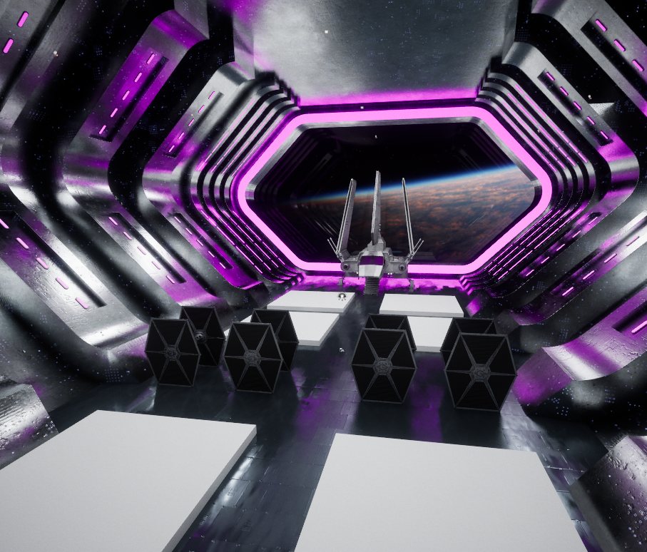 Star Wars UE5 hangar scene: TIE fighters and a ship framed in a glowing viewport over a planet