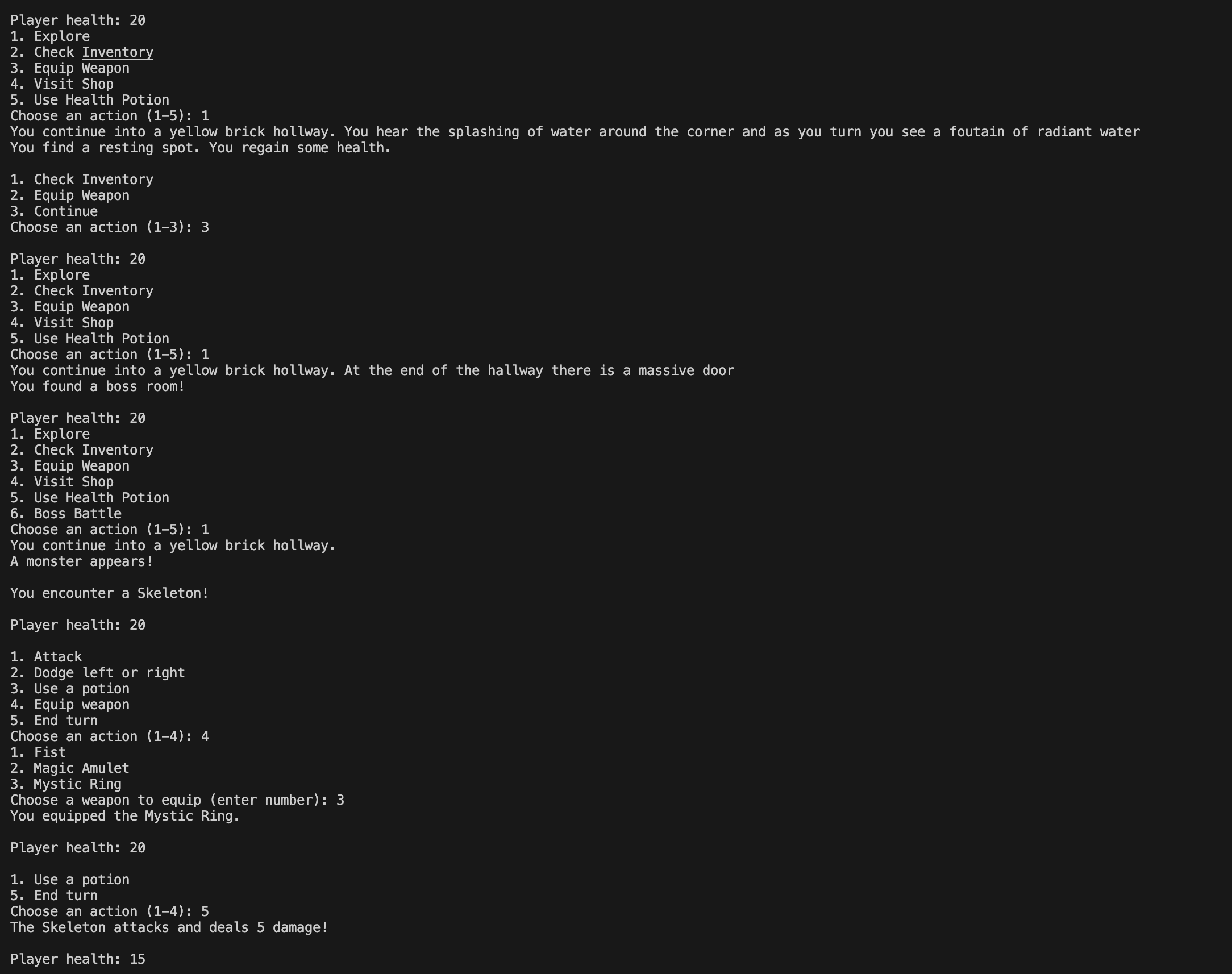 C++ text-adventure roguelike console: explore menu, weapon equip, and a Skeleton encounter
